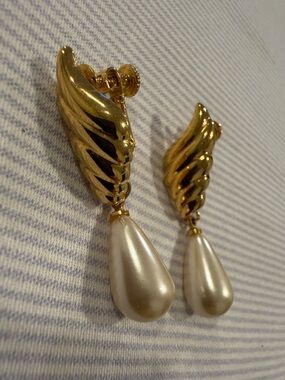 Napier Gold-Tone Wing Clip-On Earrings with Faux Pearl Teardrops